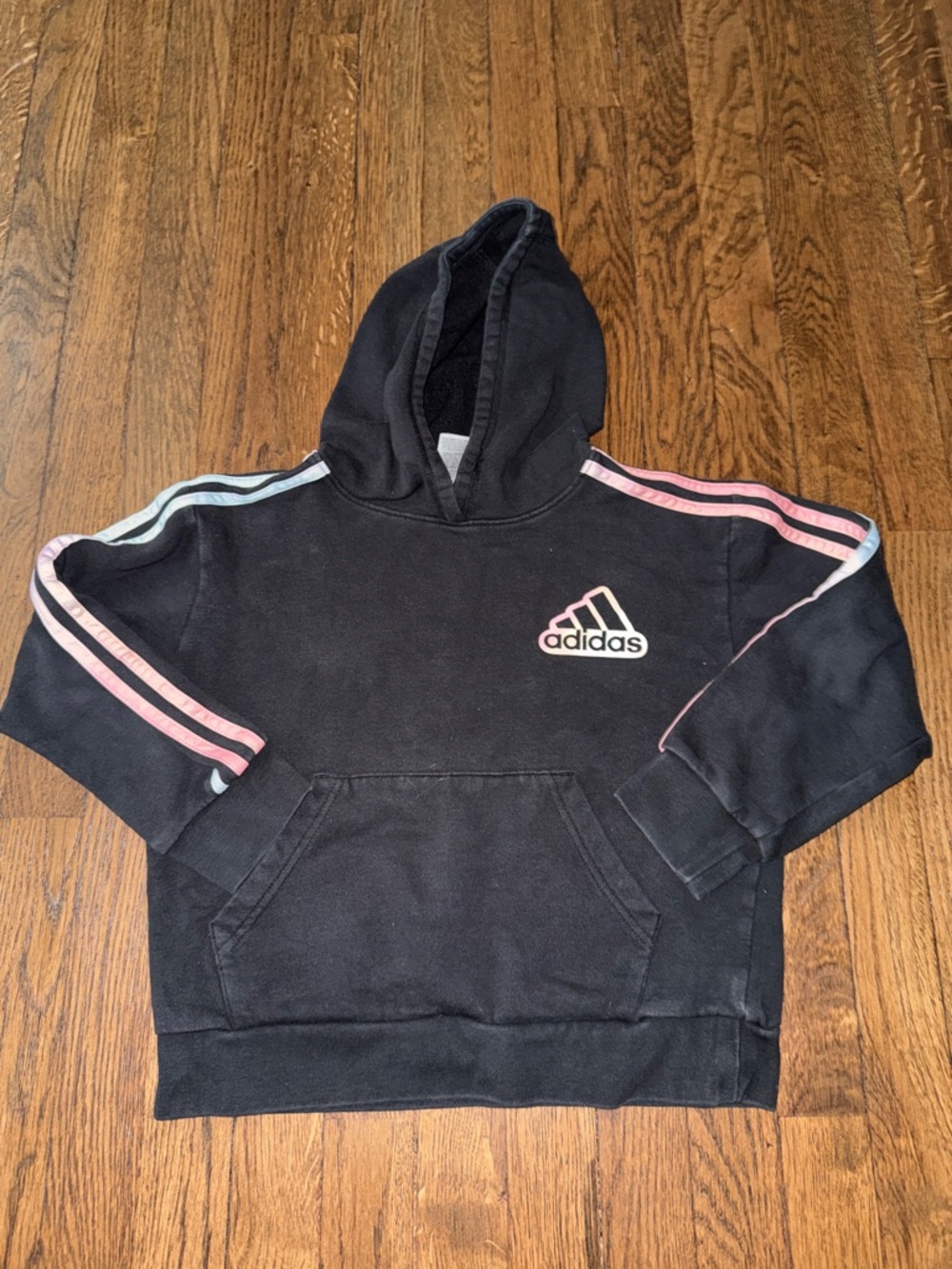 adidas Kids Black Hoodie with Pink & Light Blue Stripe Accents
